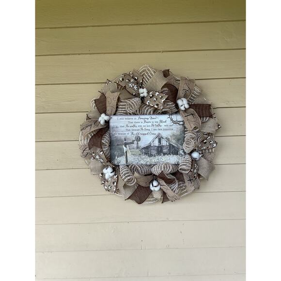 Farmhouse Religious Wreath – Neutral Amazing Grace Old Rugged Cross Decor - Picture 1 of 5